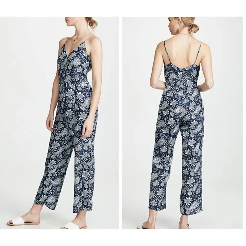 Apiece Apart New York Ostrea blue&white silk floral Jumpsuit sz 12
